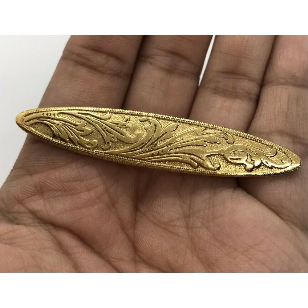 Gold tone long oval brooch etched Floral Leaves Foliage Vintage